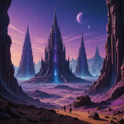 Gewaltige außerirdische Strukturen, die an antike Tempel erinnern, erheben sich auf einem fernen Planeten. Die Strukturen ragen unter einem Dämmerungshimmel in Purpur- und Blautönen auf.